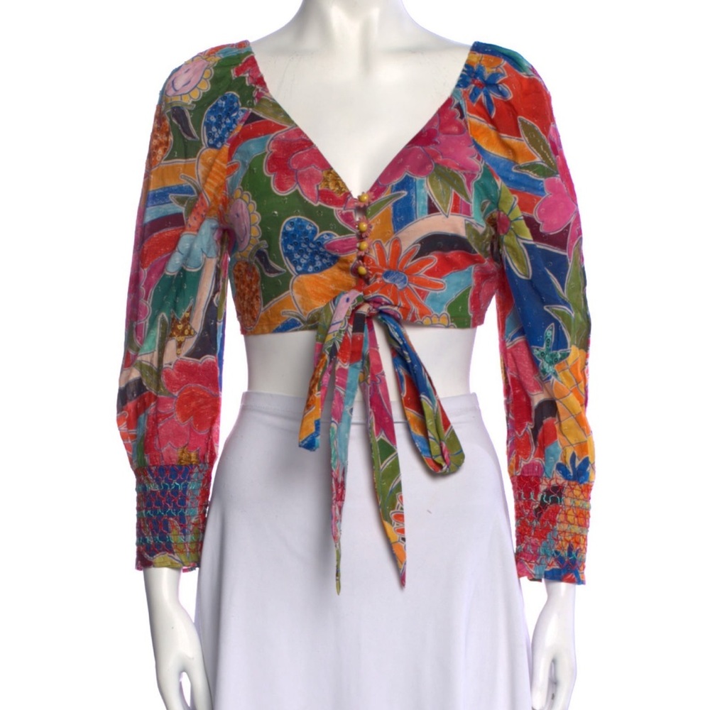 Farm Rio Floral Print Plunge Neckline Crop Top NWOT